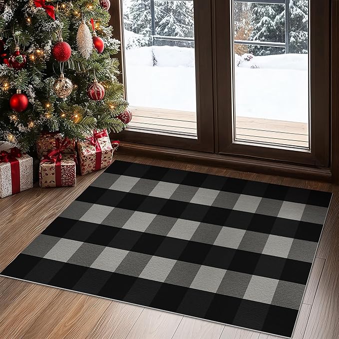 GENIMO Checkered Rug 27.5x44 inches Black and White Outdoor Rug Buffalo Plaid by GENIMO