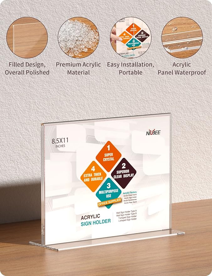 NIUBEE Acrylic Sign Holder 8.5x11 Inches 6 Pack Horizontal, T Shape Double - Image 3