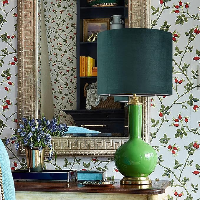 Green Velvet Lampshades Set of 2 Medium Drum Lamp Shade 13" Top x 13" Bottom x - Image 9