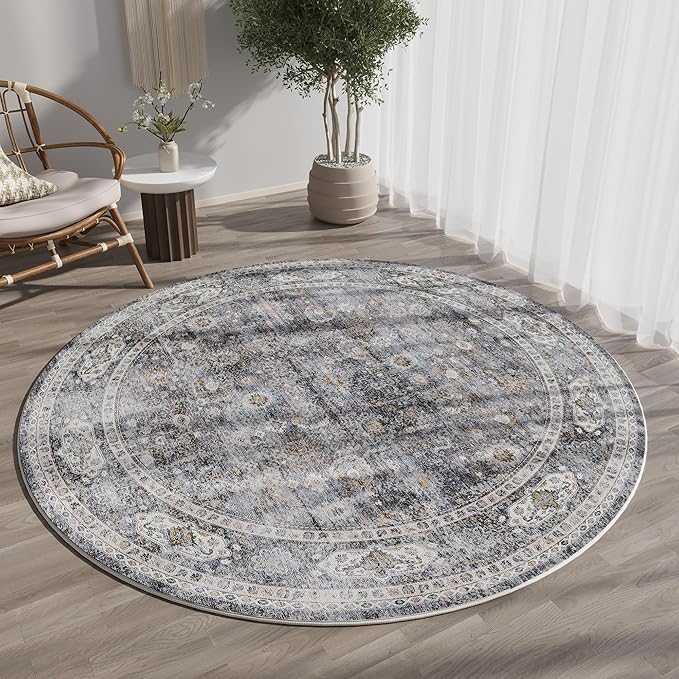 Rugcomf Round Rug 4ft Washable Circle Rug Non Slip Low Pile Boho Small Circular by Rugcomf