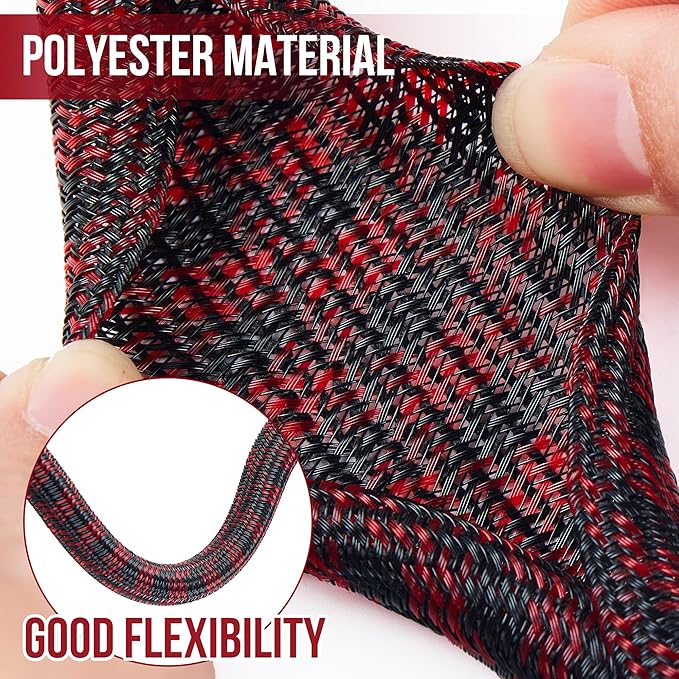 QCSIW Split Cable Sleeve, 3/8 inch 50ft Black Red Braided Wire Loom - Image 3